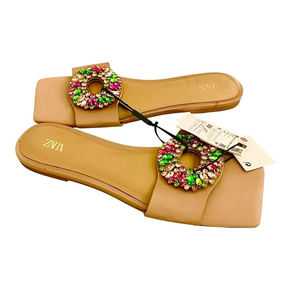 Zara Tan Green Sandals with Elegant Jeweled Design - Picture 2 of 3